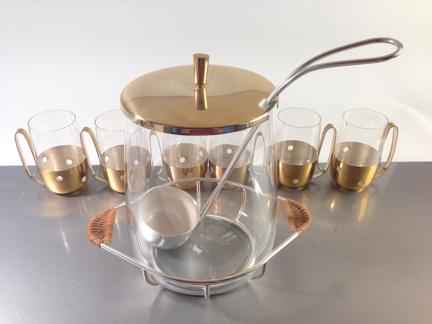 VINTAGE 50er 60er Messing Glas Leder Silber BOWLE Gläser Tassen Kelle