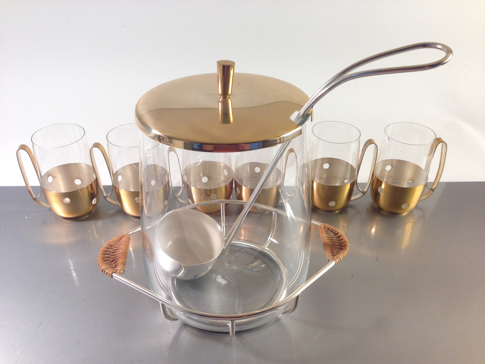 VINTAGE 50er 60er Messing Glas Leder Silber BOWLE Gläser Tassen Kelle