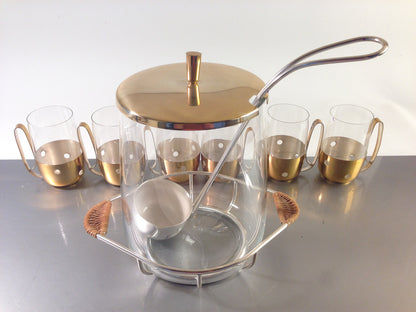 VINTAGE 50er 60er Messing Glas Leder Silber BOWLE Gläser Tassen Kelle