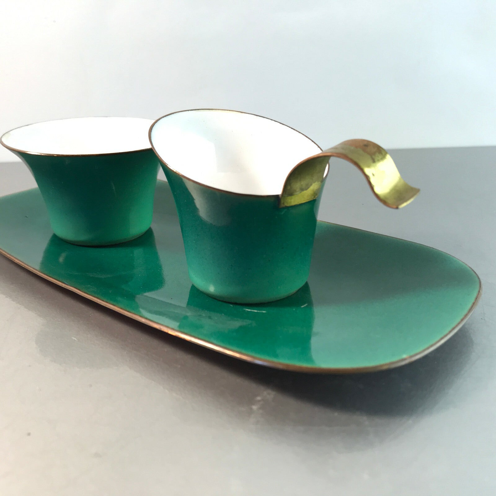 SAHNESERVICE 50er Rahmservice EMAILLE Kupfer Zucker Milch MID CENTURY grün