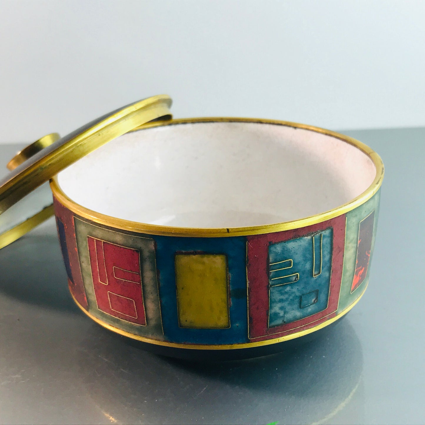 Käthe RUCKENBROD Deckeldose Dose Emaille 50er 60er Stegemaille Email 