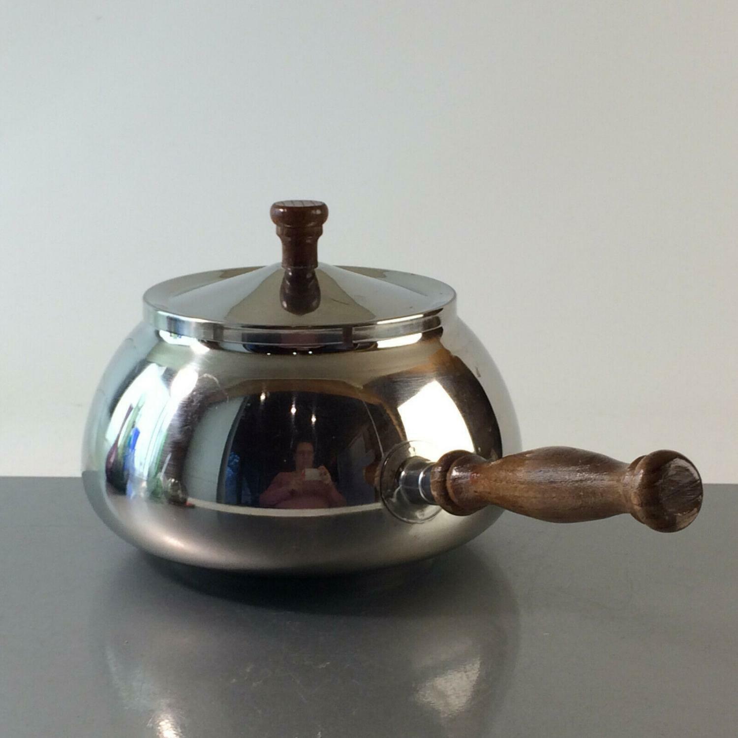 FGG Fonduetopf FONDUE Topf Stieltopf Edelstahl Teak HOLz Griff 50er 60er