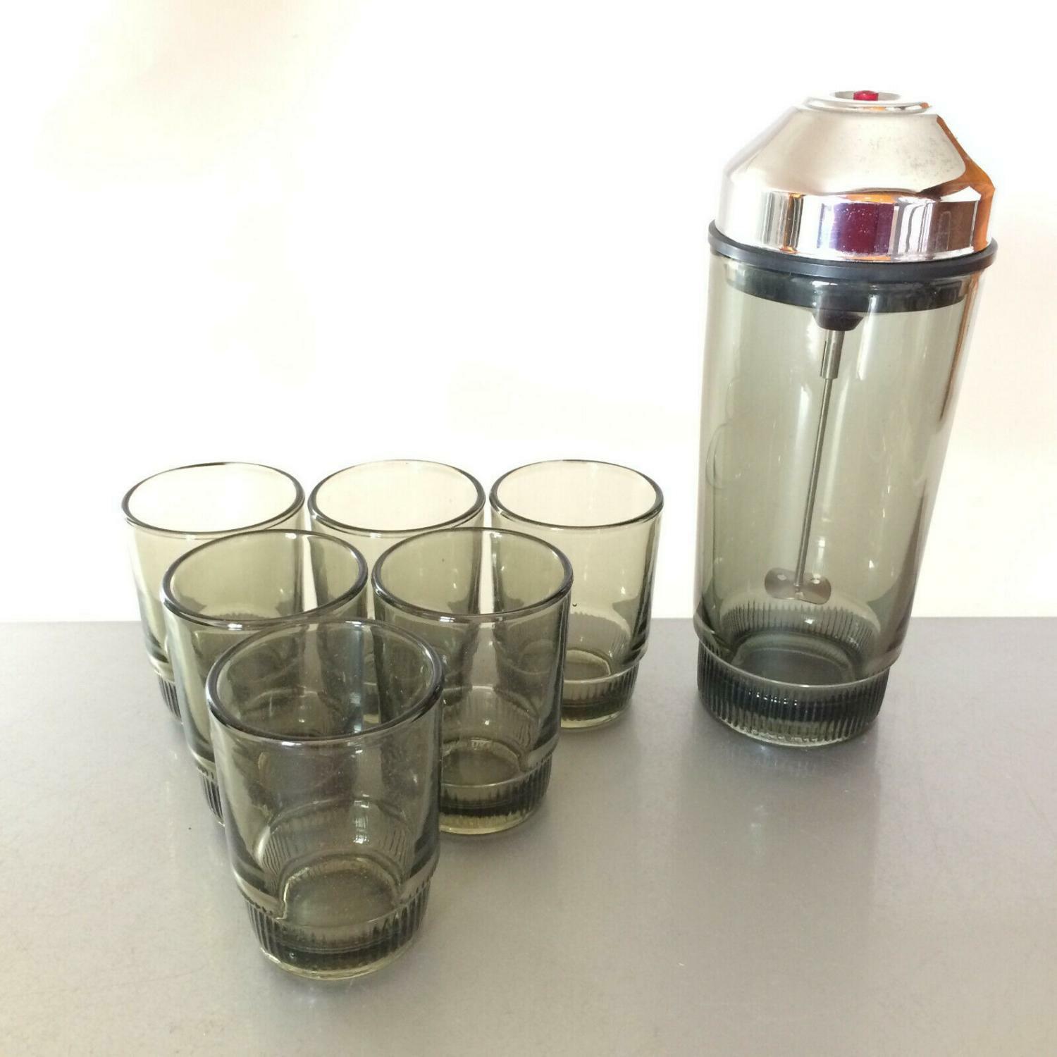 SHAKER Design 50er 60er Cocktailshaker Glas mit GLäser & OVP Rauchglas