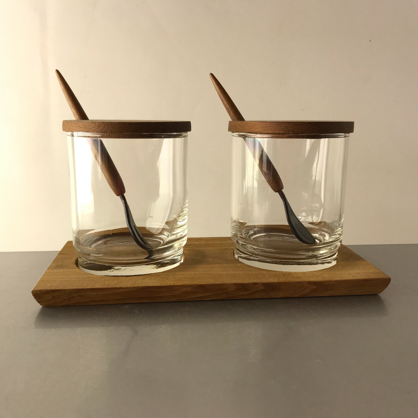 VINTAGE Glas Schalen D 7,5 TEAK Holz Schälchen 50er 60er Löffel Honig