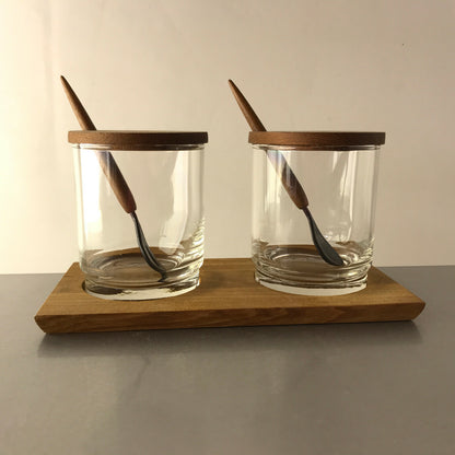 VINTAGE Glas Schalen D 7,5 TEAK Holz Schälchen 50er 60er Löffel Honig