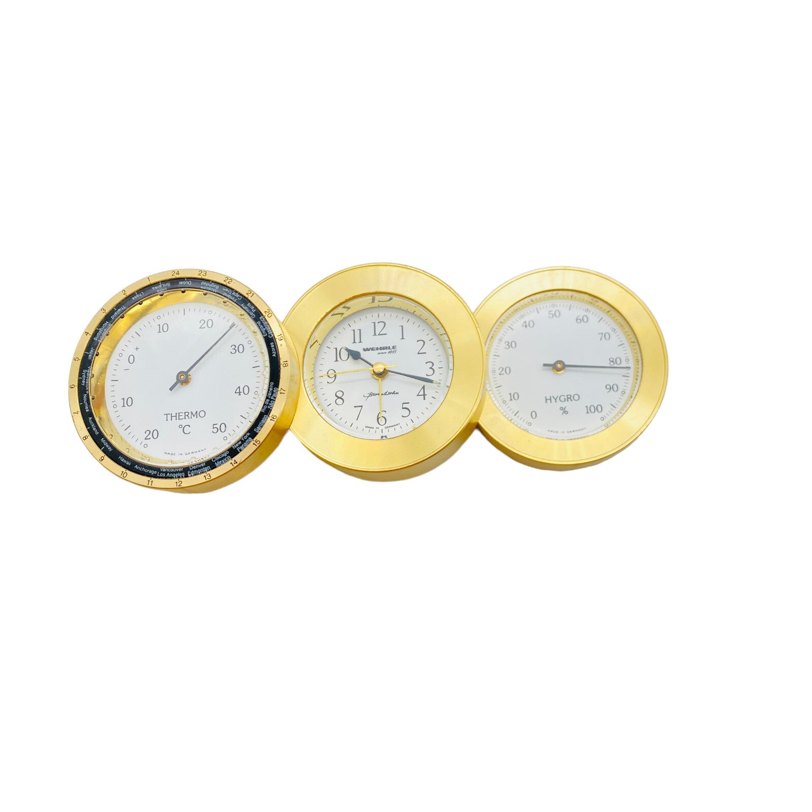 Hydrometer mit Thermometer und Wecker Reiseuhr golden Wehrle D 5,5 cm