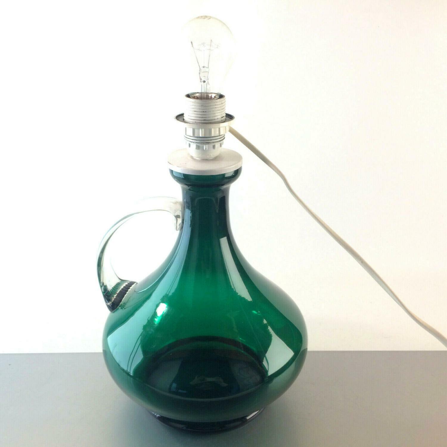 Lampenfuß Leuchte Glas grün ITALY 29 cm + SCHIRM 50er 60er 70er Lampe 