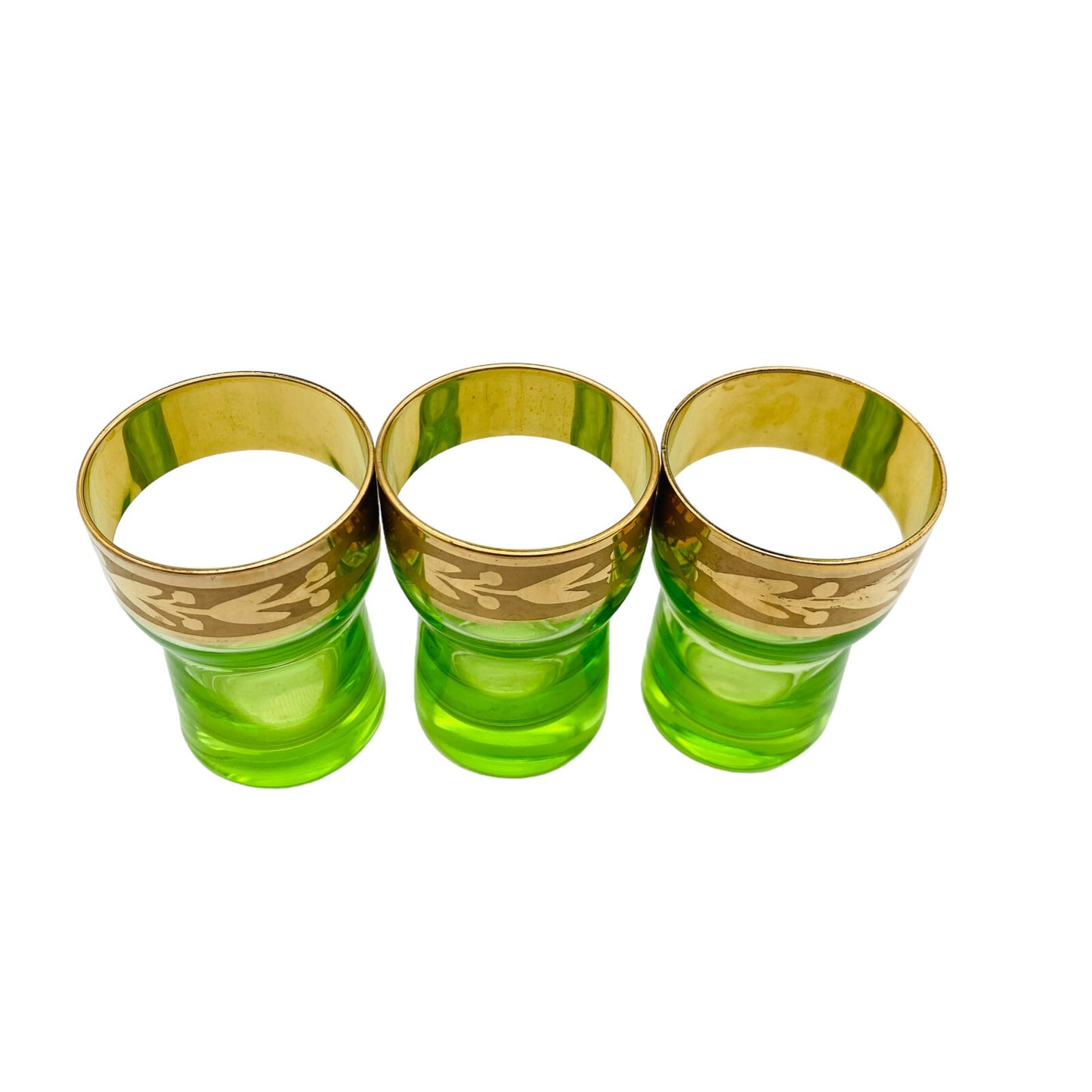 Vintage Gläser 50er 60er MID CENTURY Glas 7,5 cm grün Goldrand Schnapsgläser