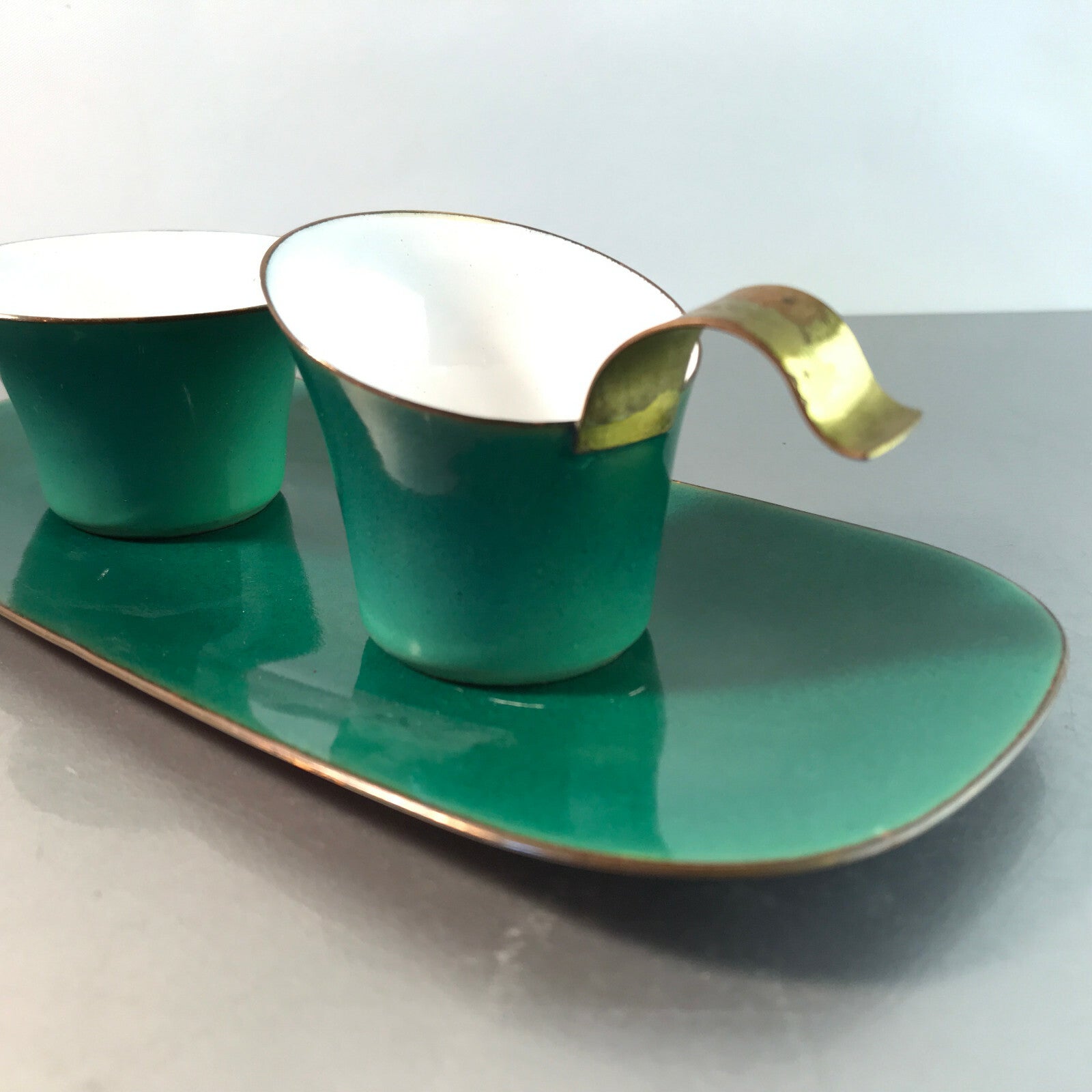 SAHNESERVICE 50er Rahmservice EMAILLE Kupfer Zucker Milch MID CENTURY grün