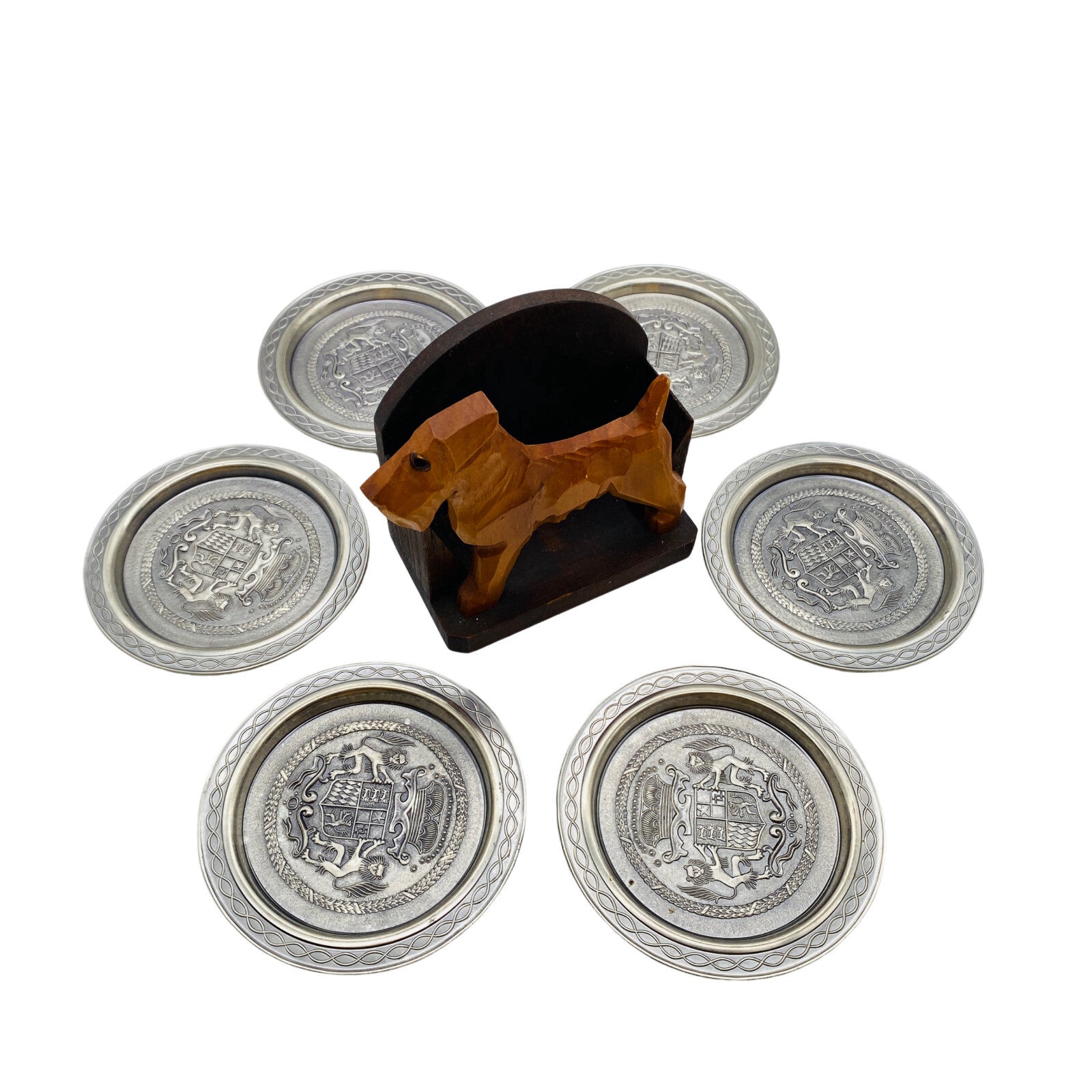 BMF Zinn Untersetzer im Halter 9,8 cm 60er 70er MID CENTURY Hund Pudel
