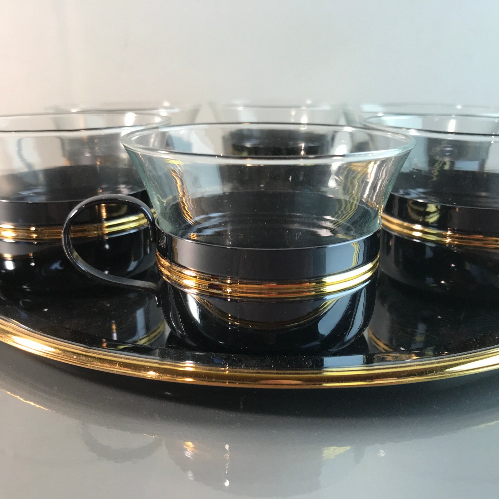 Teetassen Teegläser D Glas 8,5 cm 6 er Set 50er 60er + Tablett 29 cm