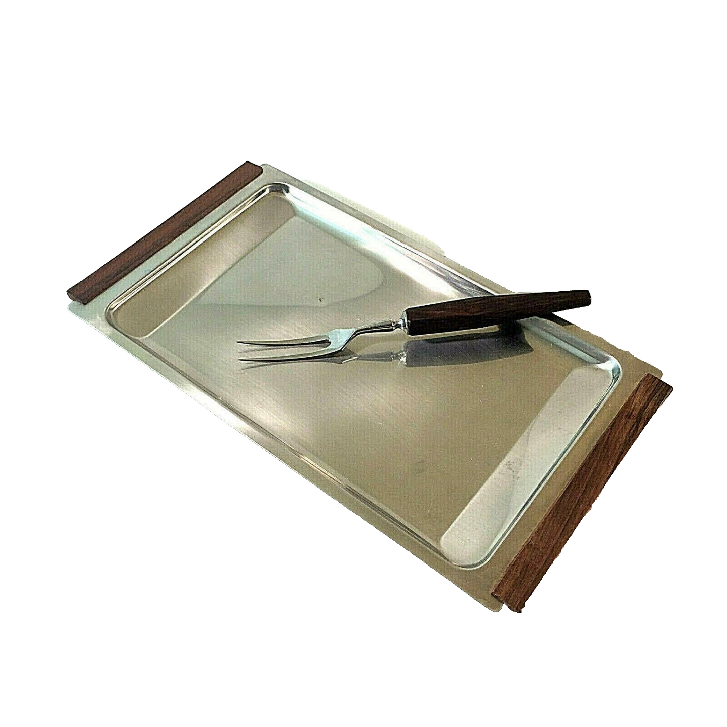 Tablett EDELSTAHL & Holz Teak MID Century 50er 60er 38 cm x 21 cm  GABEL