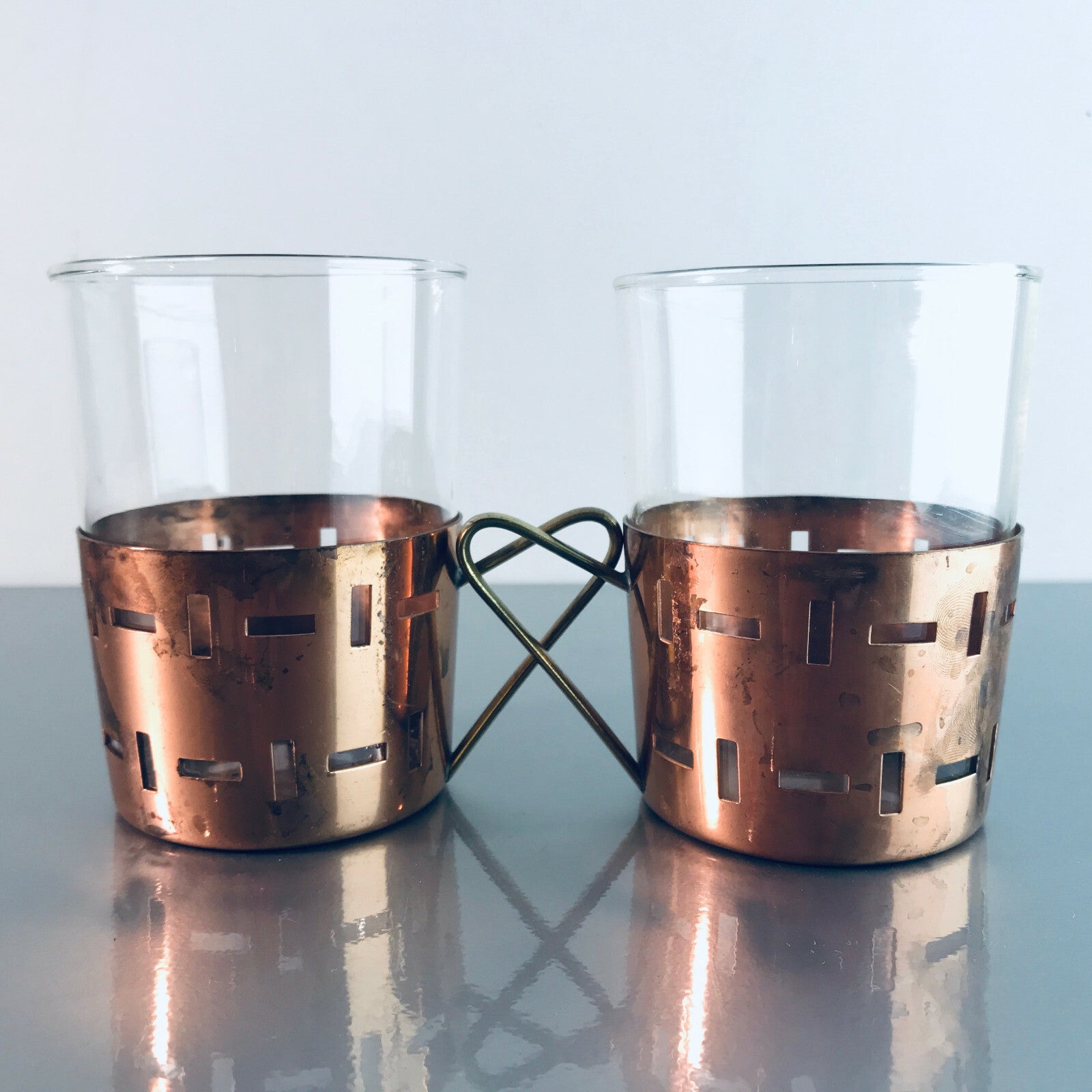 Teegläser Halter 50er 60er Set SCHOTT MID CENTURY Teetassen Glas Kupfer