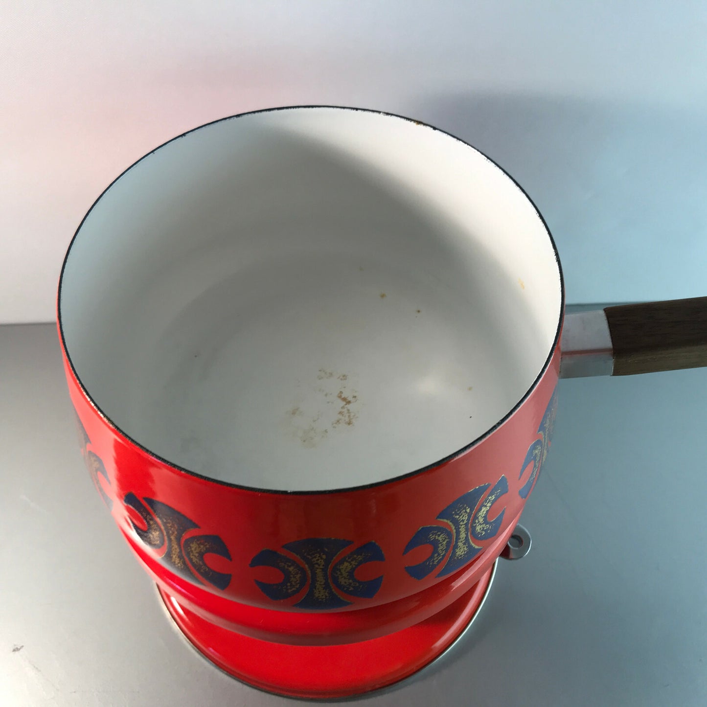 Vintage Fondue Fonduetopf Stövchen Rechaud Brenner Emaille MID CENTURY
