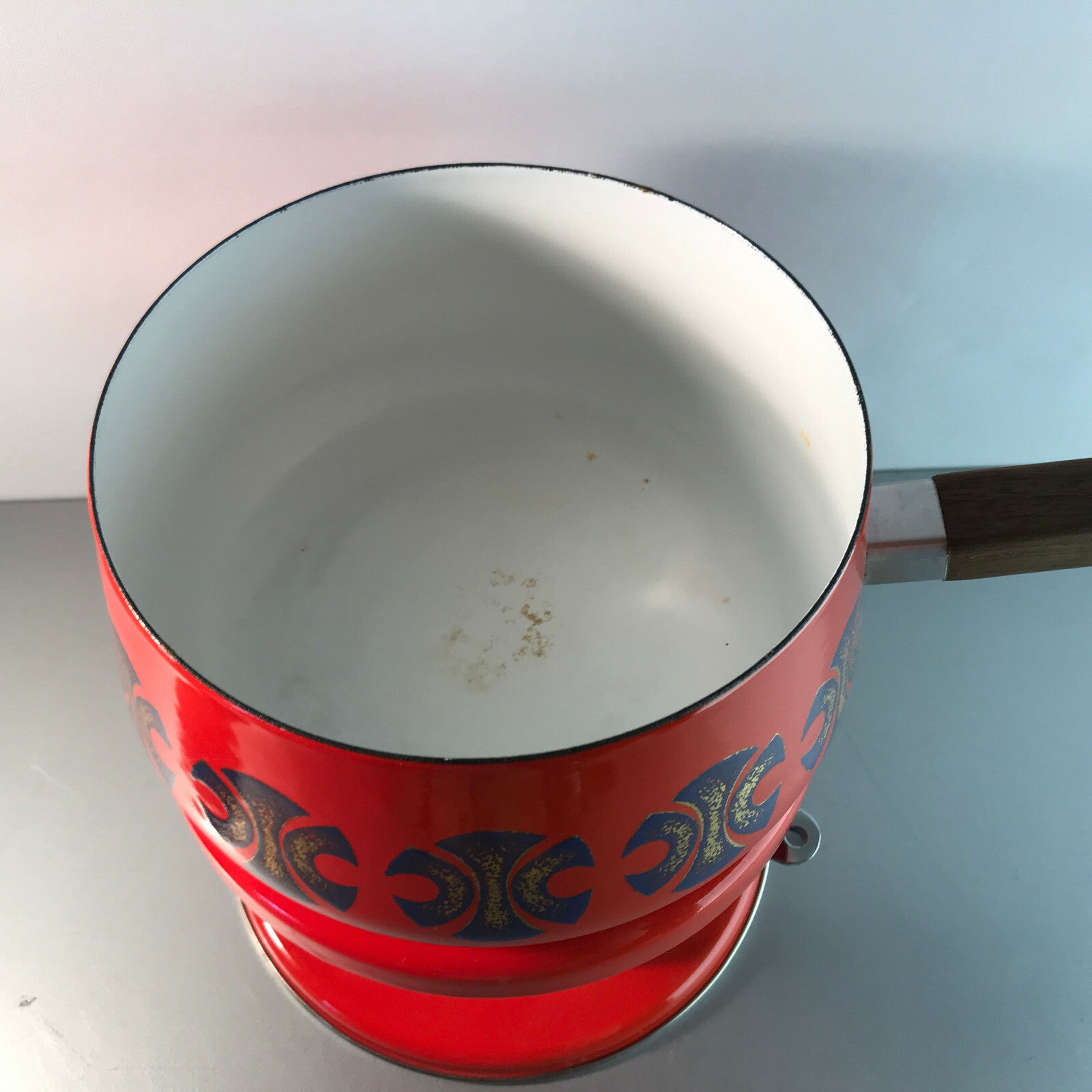 Vintage Fondue Fonduetopf Stövchen Rechaud Brenner Emaille MID CENTURY