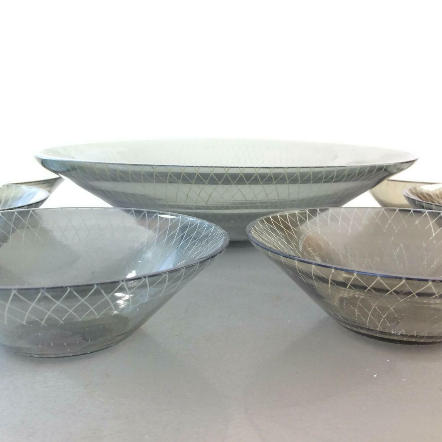 RAUCHGLAS 50er 60er Schüssel Schälchen Schale Set MID CENTURY 7 teil.