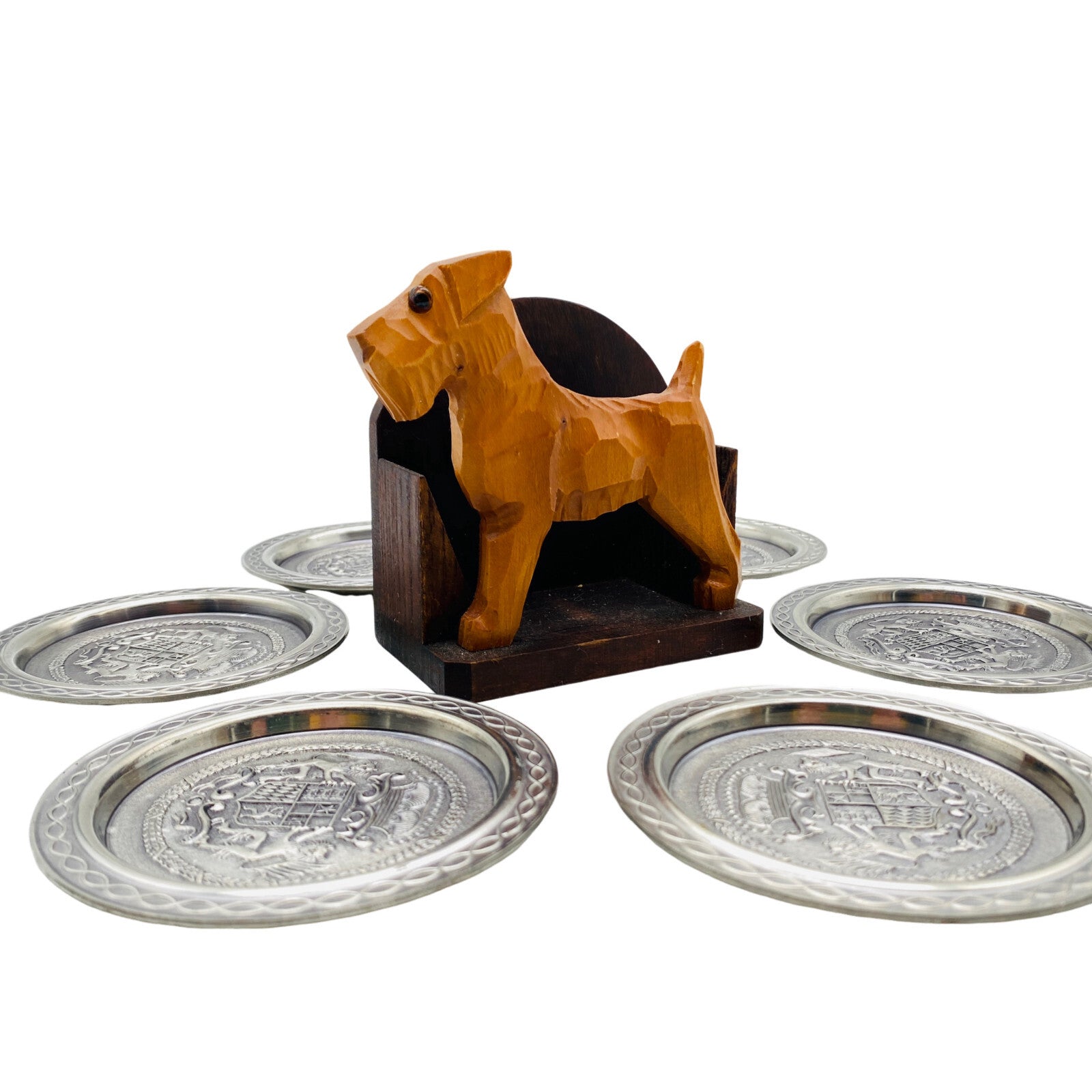 BMF Zinn Untersetzer im Halter 9,8 cm 60er 70er MID CENTURY Hund Pudel