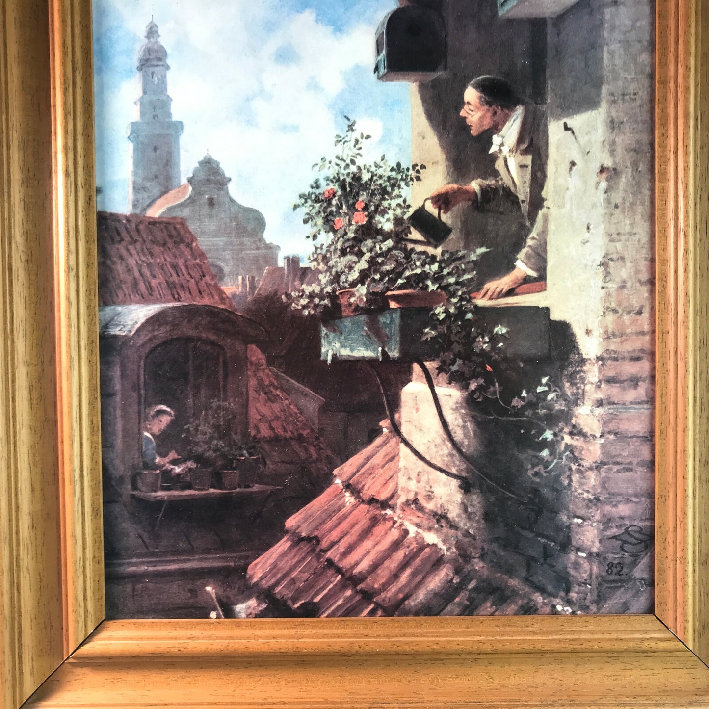 Vintage Druck von Spitzweg Blumen gießen  mit Hokzrahmen 33 x 41 cm 70er
