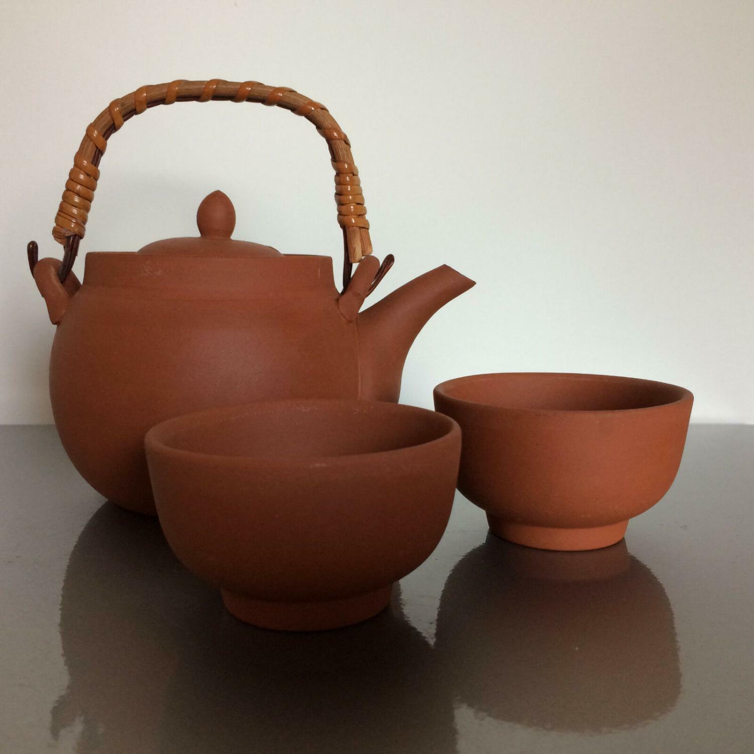Chinesisches Teeservice TONKERAMIK Kännchen Kanne 2 Teeschalen asiatisch