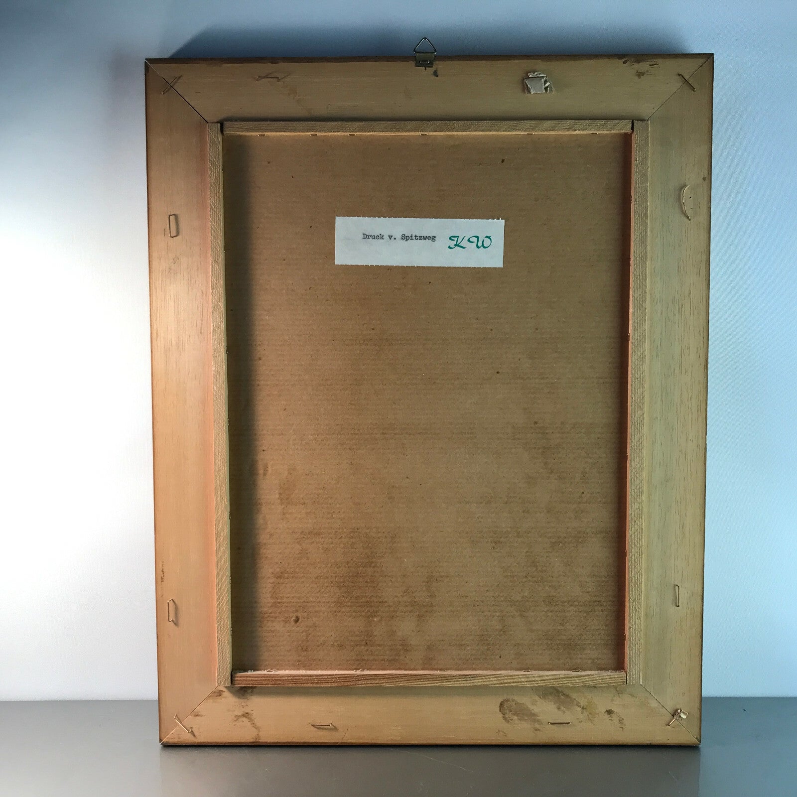 Vintage Druck von Spitzweg Blumen gießen  mit Hokzrahmen 33 x 41 cm 70er