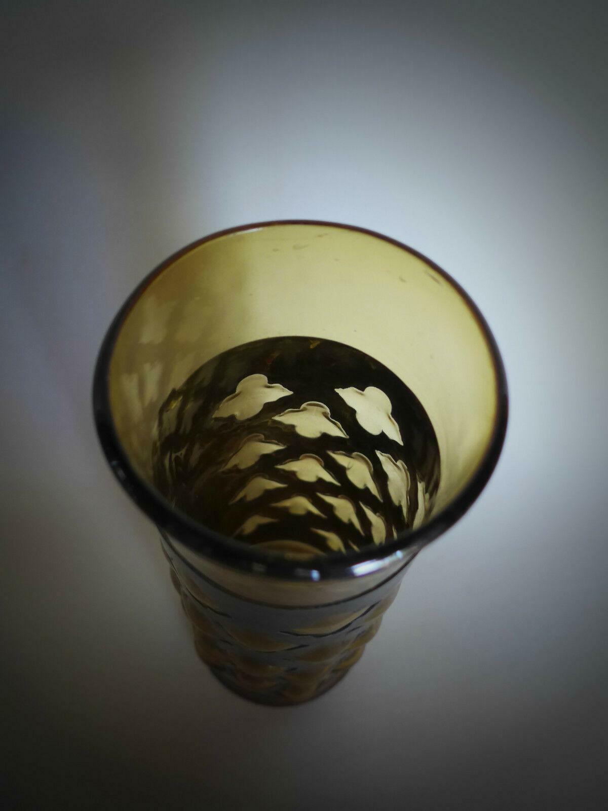 60er 70er VASE Metallmantel Noppen Nuppen Bubbles Bernstein Glas 19 cm