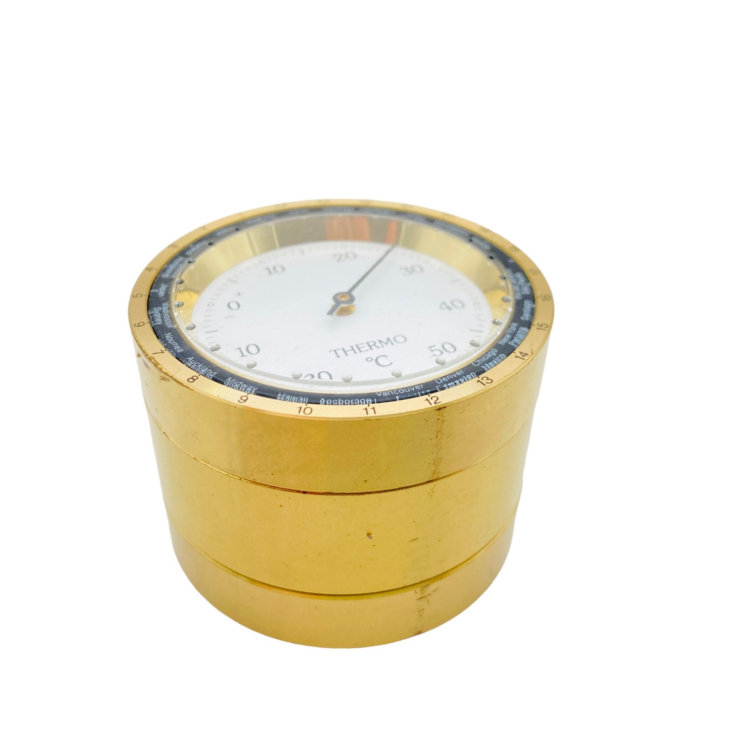 Hydrometer mit Thermometer und Wecker Reiseuhr golden Wehrle D 5,5 cm
