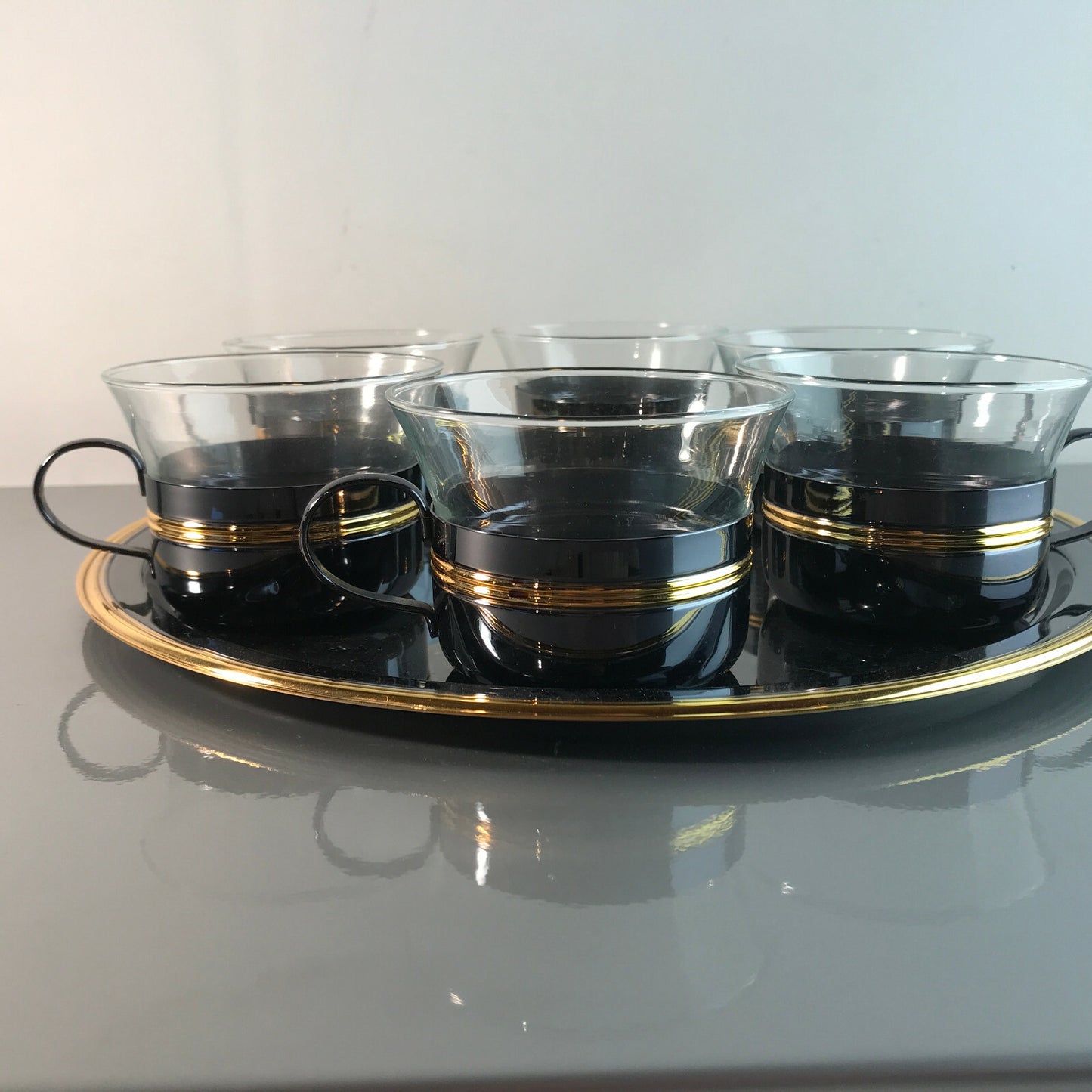 Teetassen Teegläser D Glas 8,5 cm 6 er Set 50er 60er + Tablett 29 cm