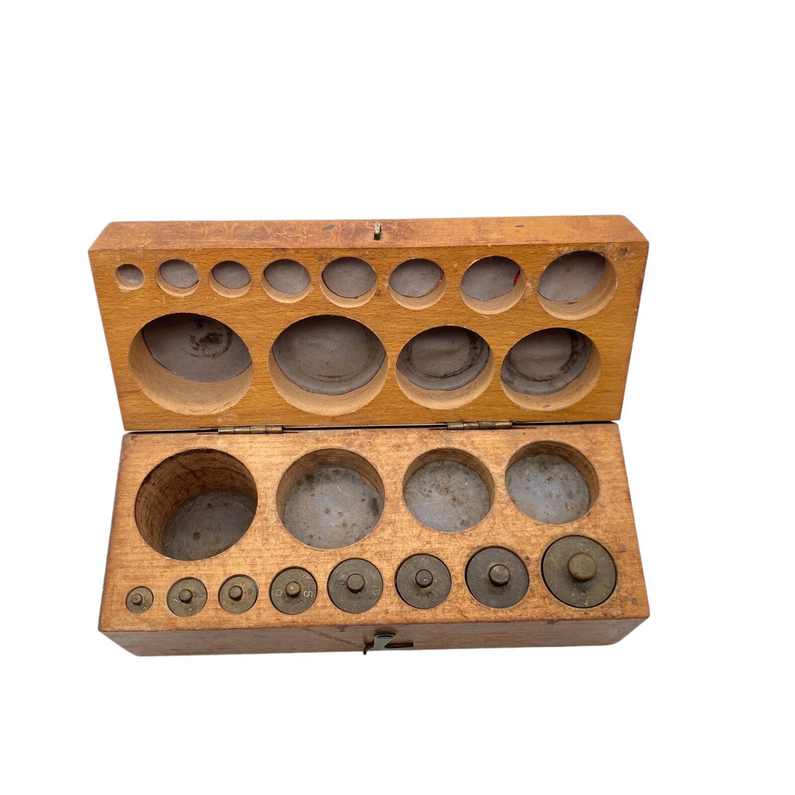Alte Gewichte Waage 1g 2g 5g 10g 20g 50g unvollständig Holz Box 30er 40er 50er