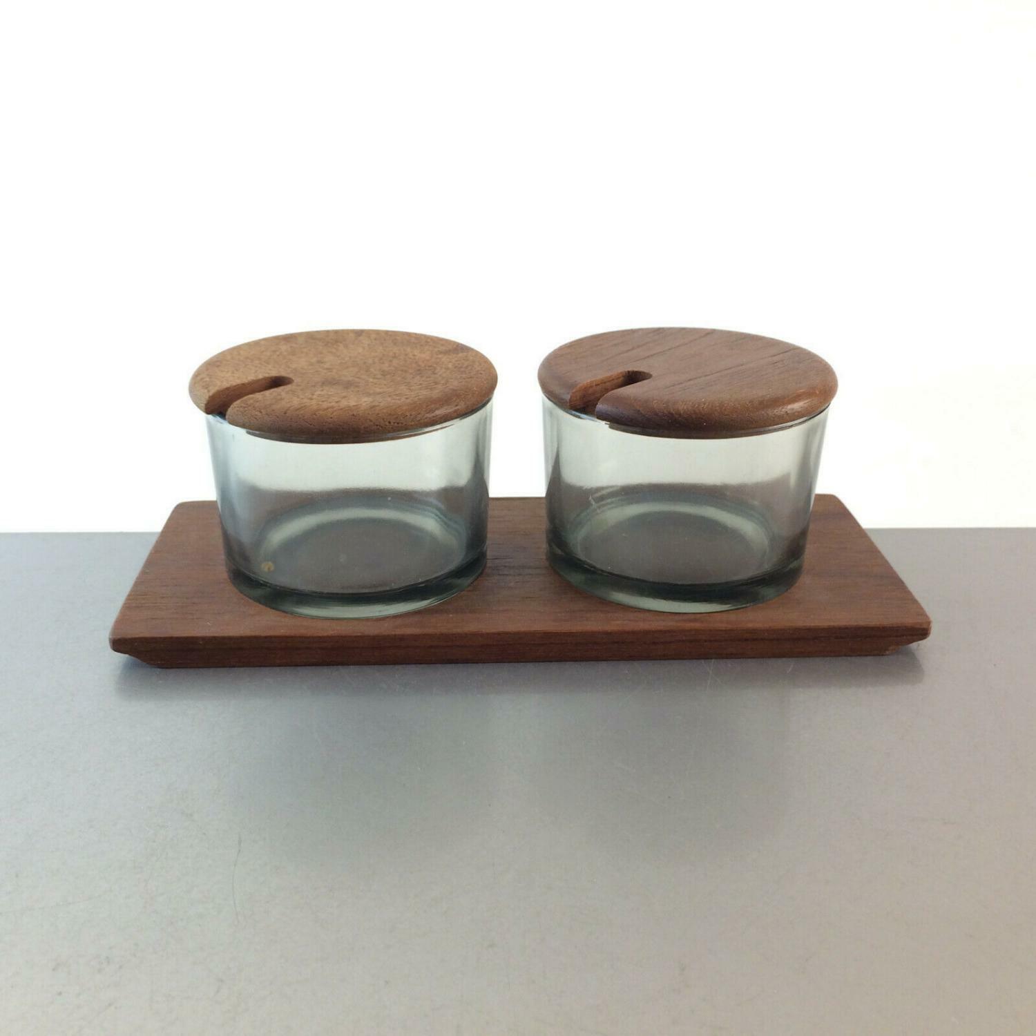 MID CENTURY Holzschale Schale Teak Holz  50er 60er Glas Dose Menagere