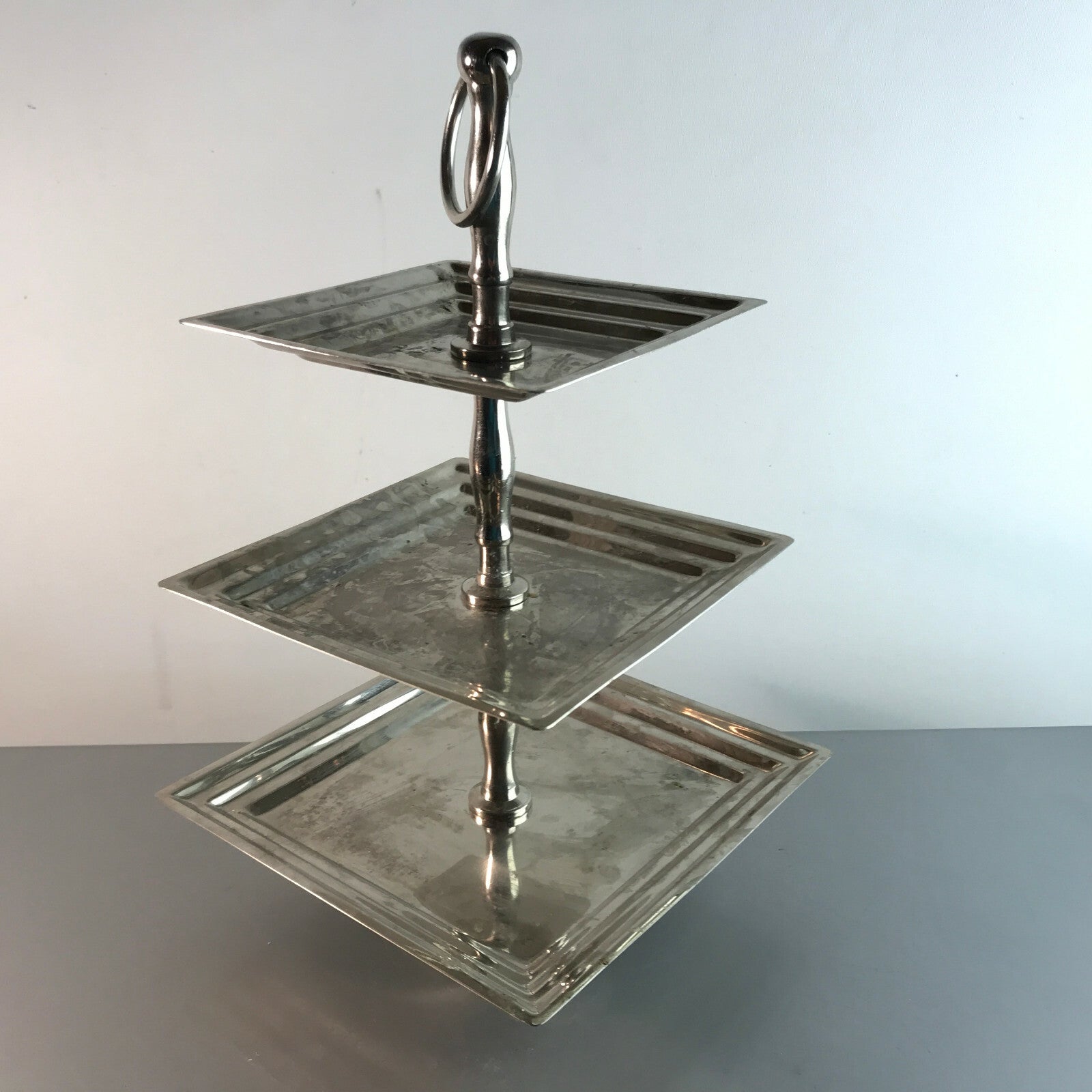 Versilberte VINTAGE 60er Etagere Schale Teller 32 cm Eckig Halter