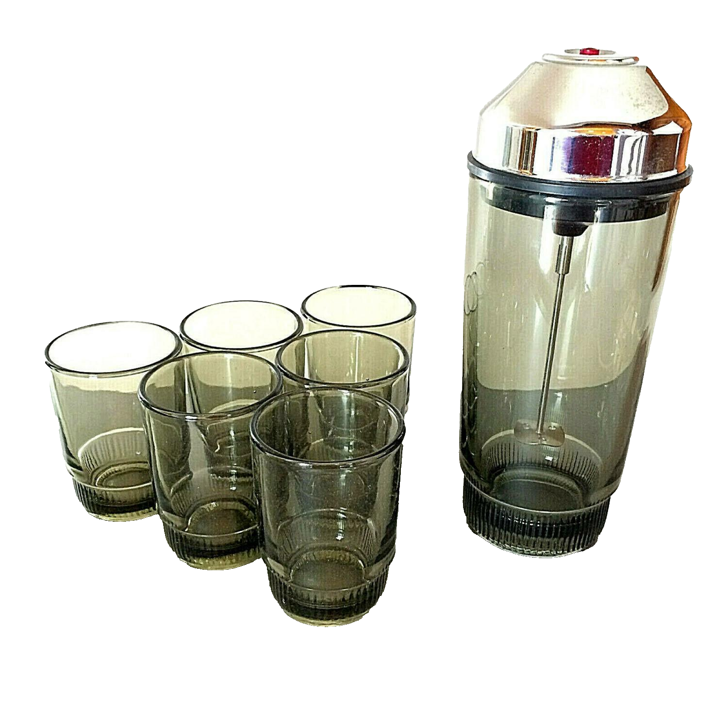 SHAKER Design 50er 60er Cocktailshaker Glas mit GLäser & OVP Rauchglas