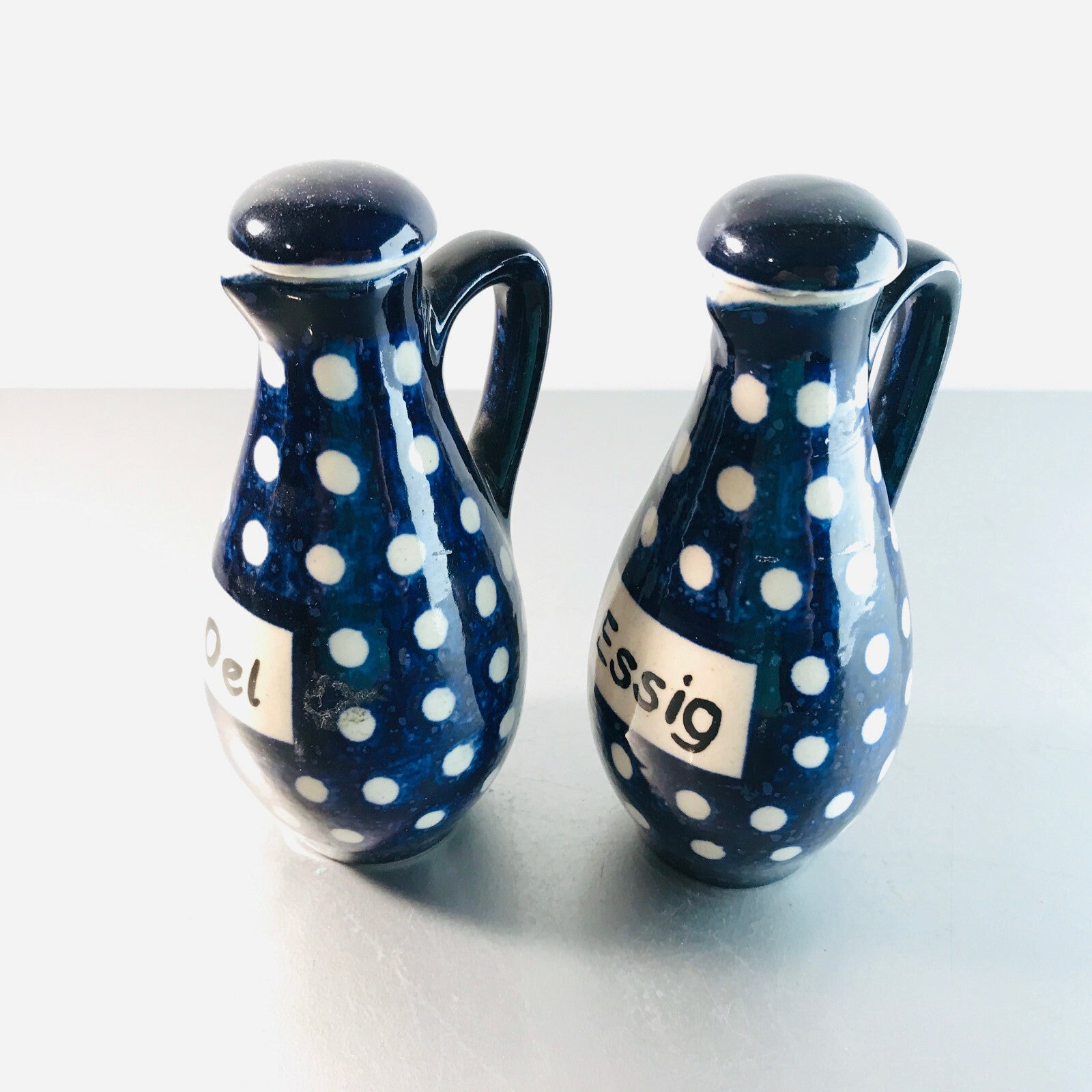 Keramik Essig- und Ölset blau Punkte H 13,5 cm Kännchen Kannen