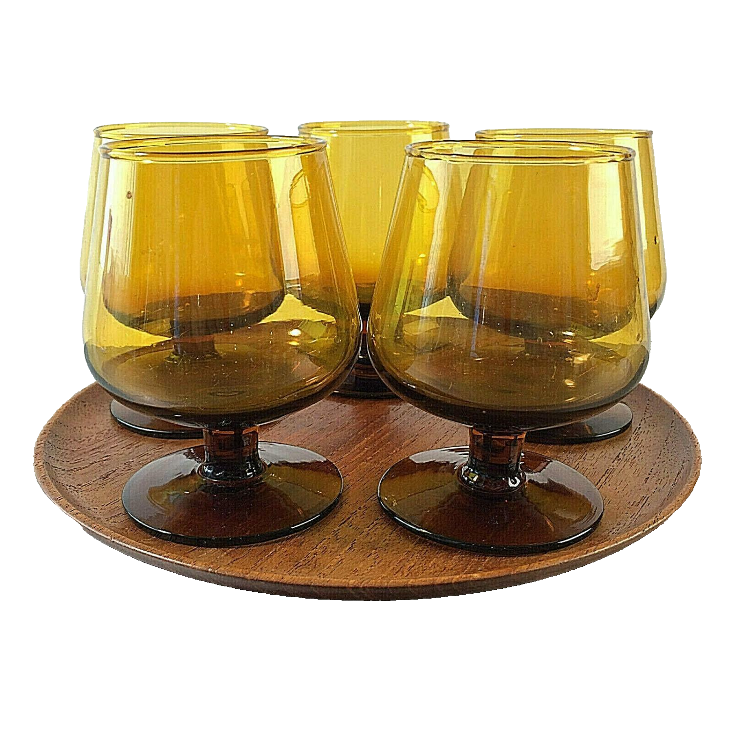 VINTAGE Cognacgläser Gläser 8 cm 5er Set 50er 60er mit Teak Tablett 18 cm