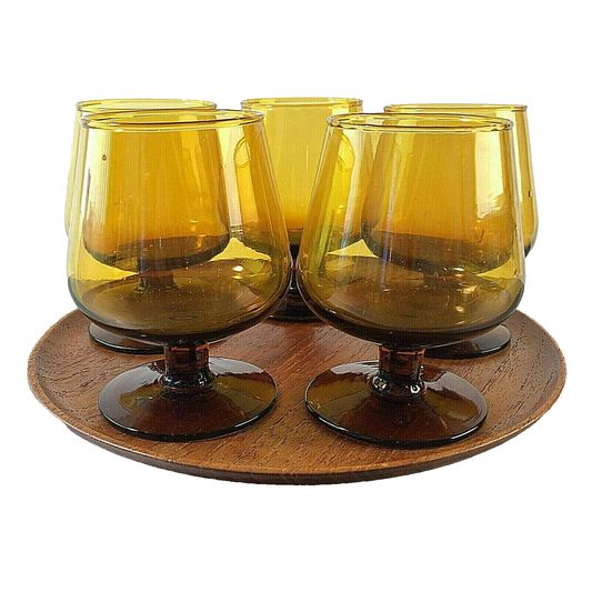 VINTAGE Cognacgläser Gläser 8 cm 5er Set 50er 60er mit Teak Tablett 18 cm