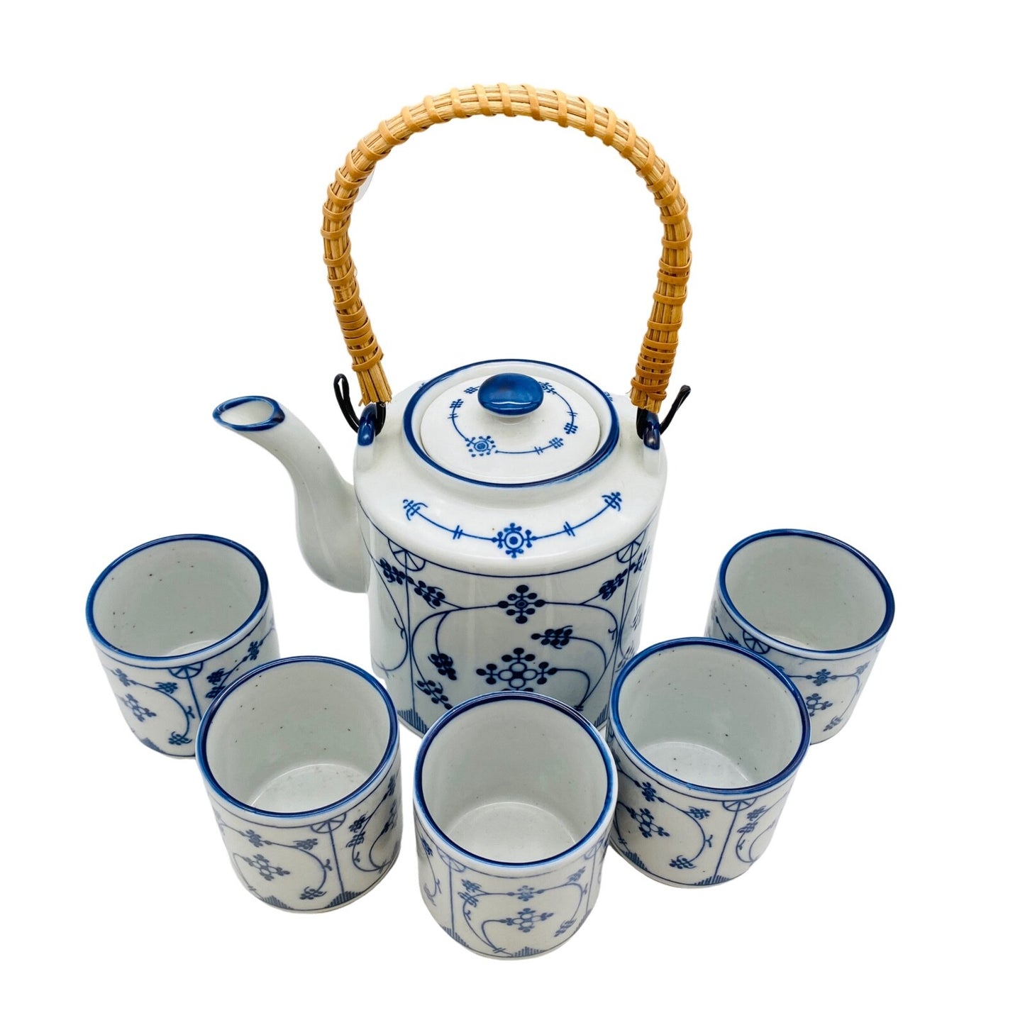 Teeservice 5er Set Teeschalen Teekanne blau weiß Blüten Vintage 60er 70er Jahre