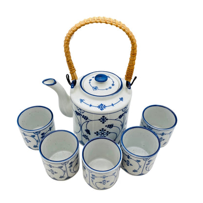 Teeservice 5er Set Teeschalen Teekanne blau weiß Blüten Vintage 60er 70er Jahre