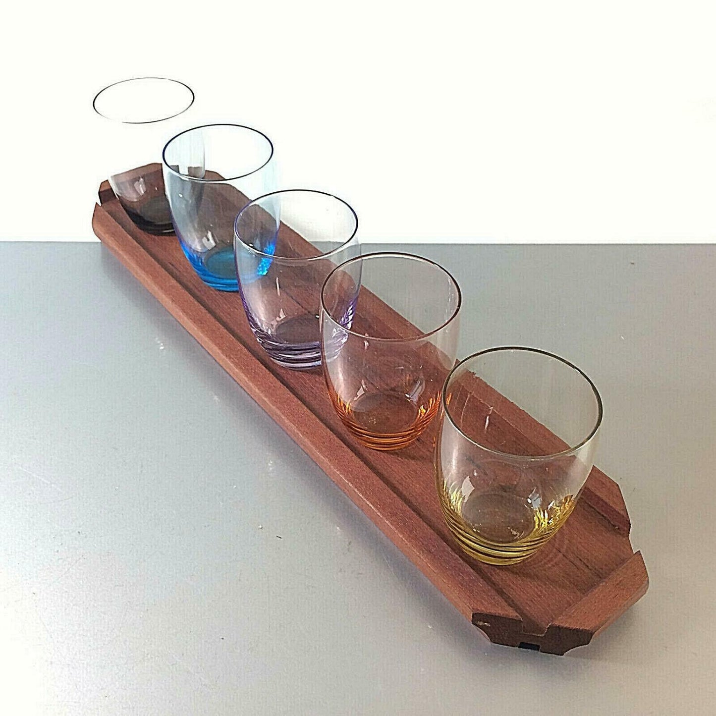 Gläser GLAS 5 er Set mit Tablett HOLZ Teak 50er 60er 7,5 cm bunt