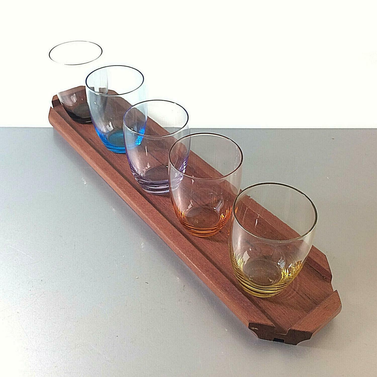 Gläser GLAS 5 er Set mit Tablett HOLZ Teak 50er 60er 7,5 cm bunt