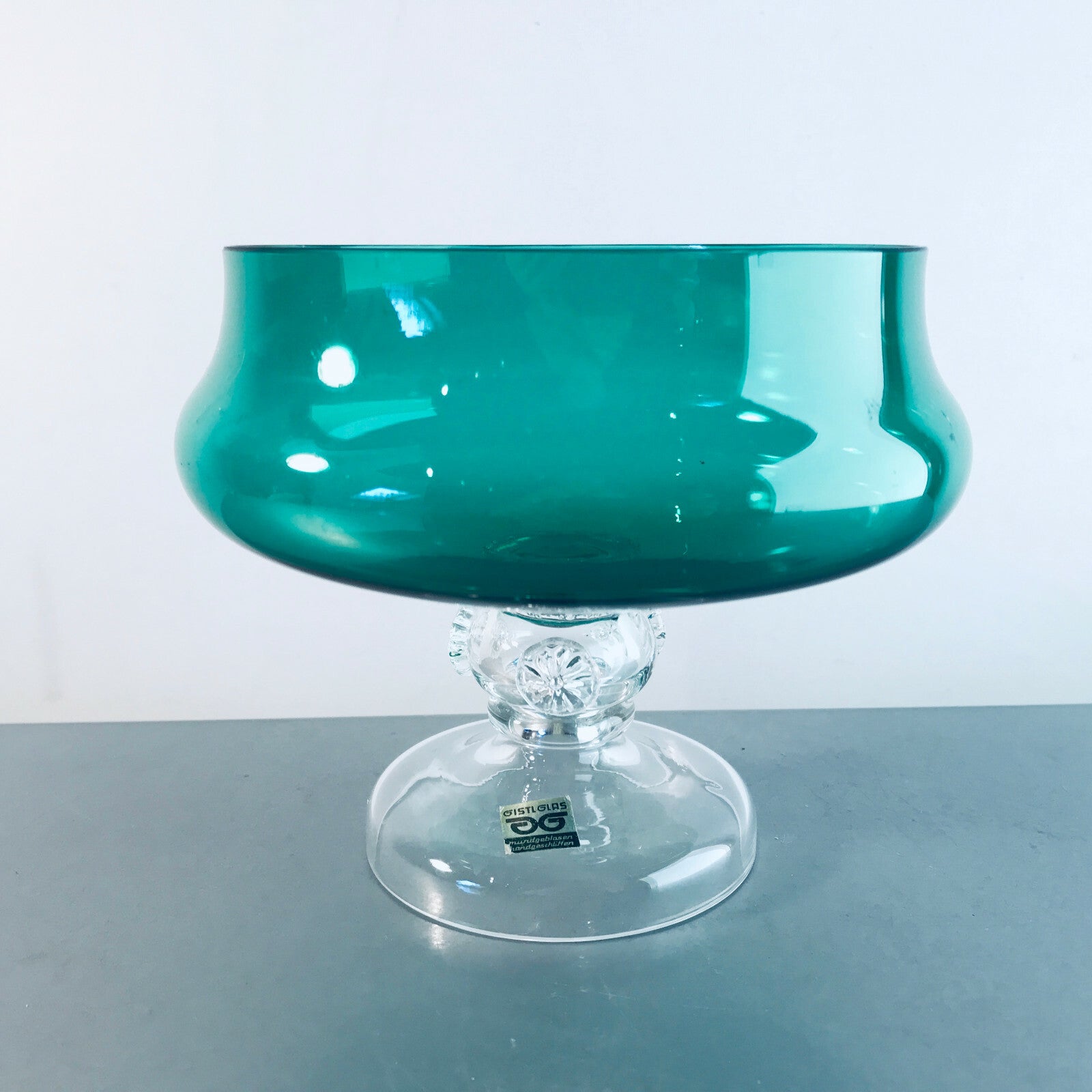DISTL Vintage Glas grün Glasschale 50er 60er H 12,6 cm  Noppen