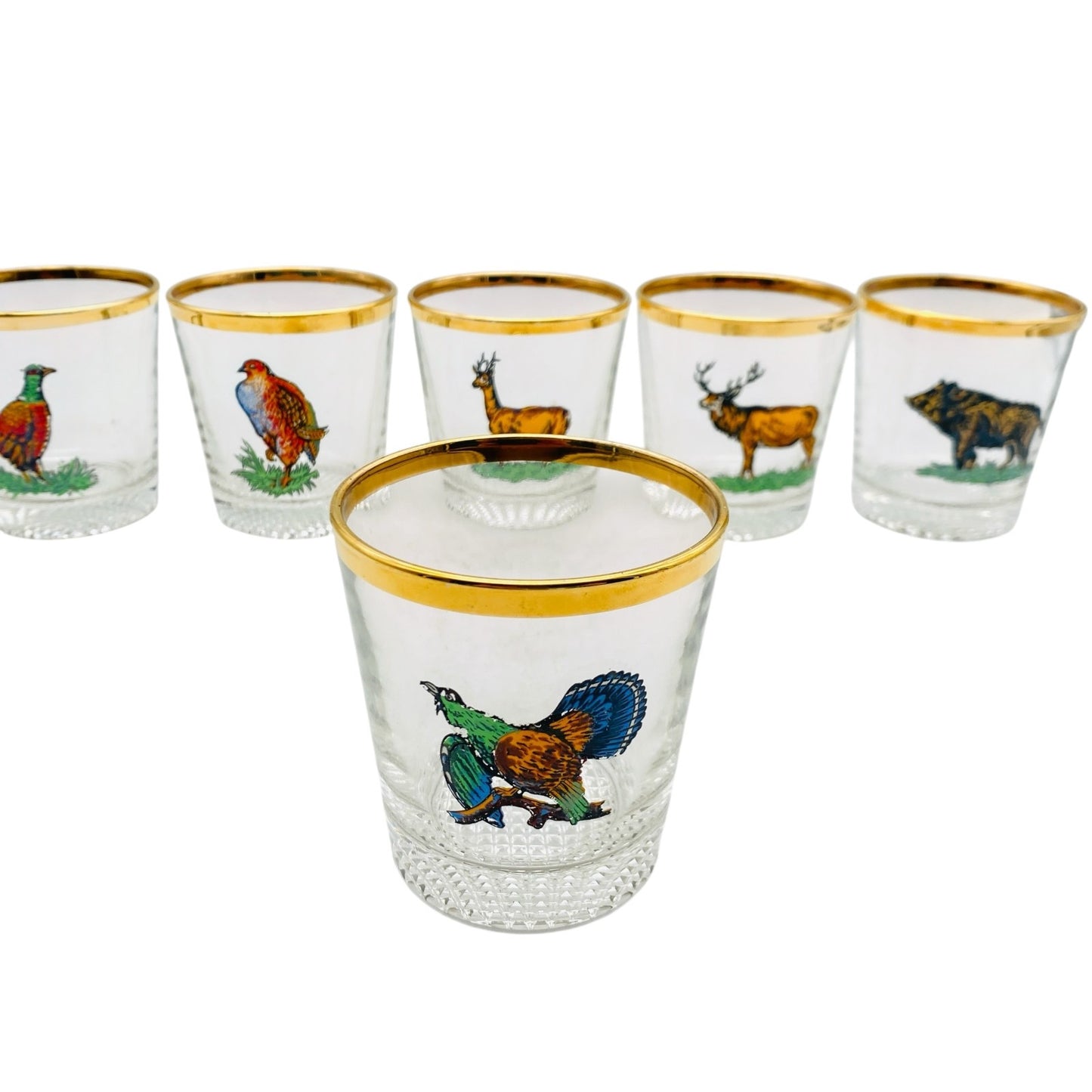 Whiskygläser 6er Set bemalt 60er 70er Vintage H 8,2 cm Waldtiere Goldrand Vintag