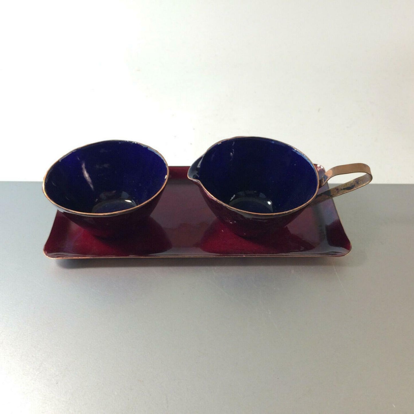 Vintage Rahmservice blau violett KUPFER Emaille 40er 50er Zucker Milch Set