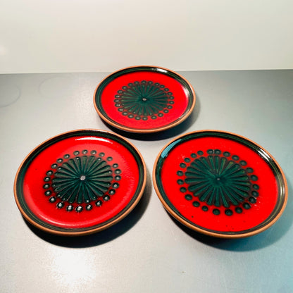 Keramik Teller 3er Set rot grün  15 cm Dessertteller Vintage 60er 70er