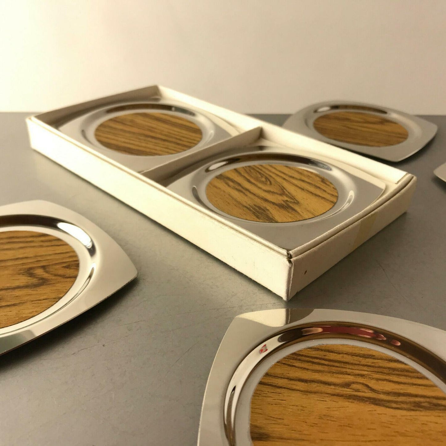 Untersetzer Teegläser Edelstahl Chromargan mit Holz Dekor innen