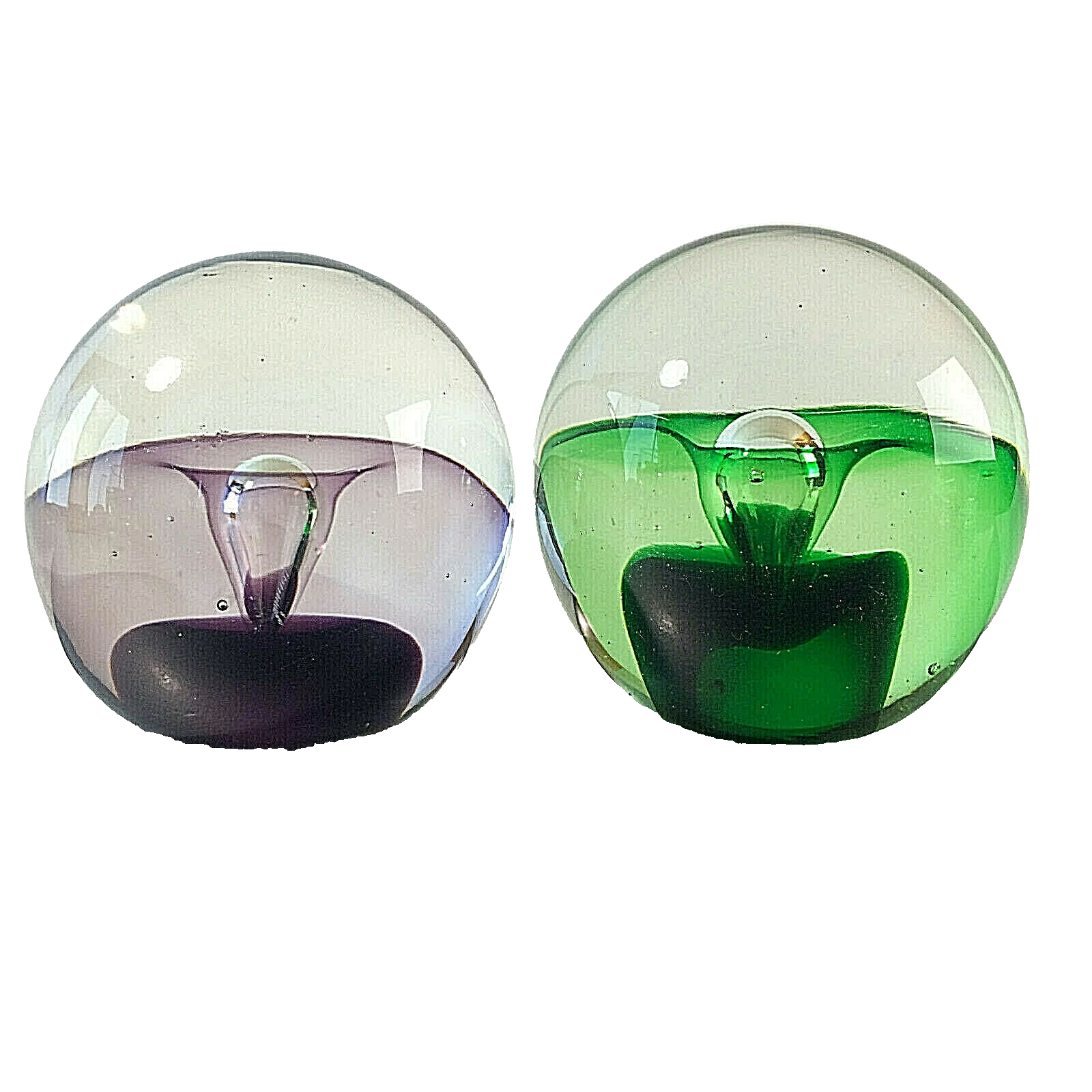 Glas Briefbeschwerer 8,5 cm Paperweight lila grün Luftblase Set