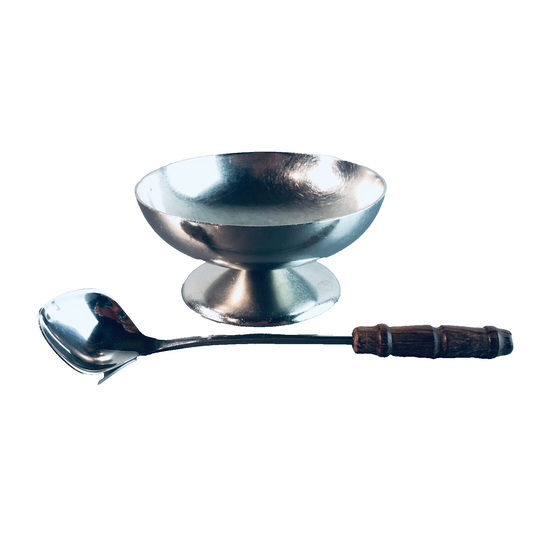 WMF Schale 9,7 cm Schälchen 60er 70er Edelstahl + Löffel Holz