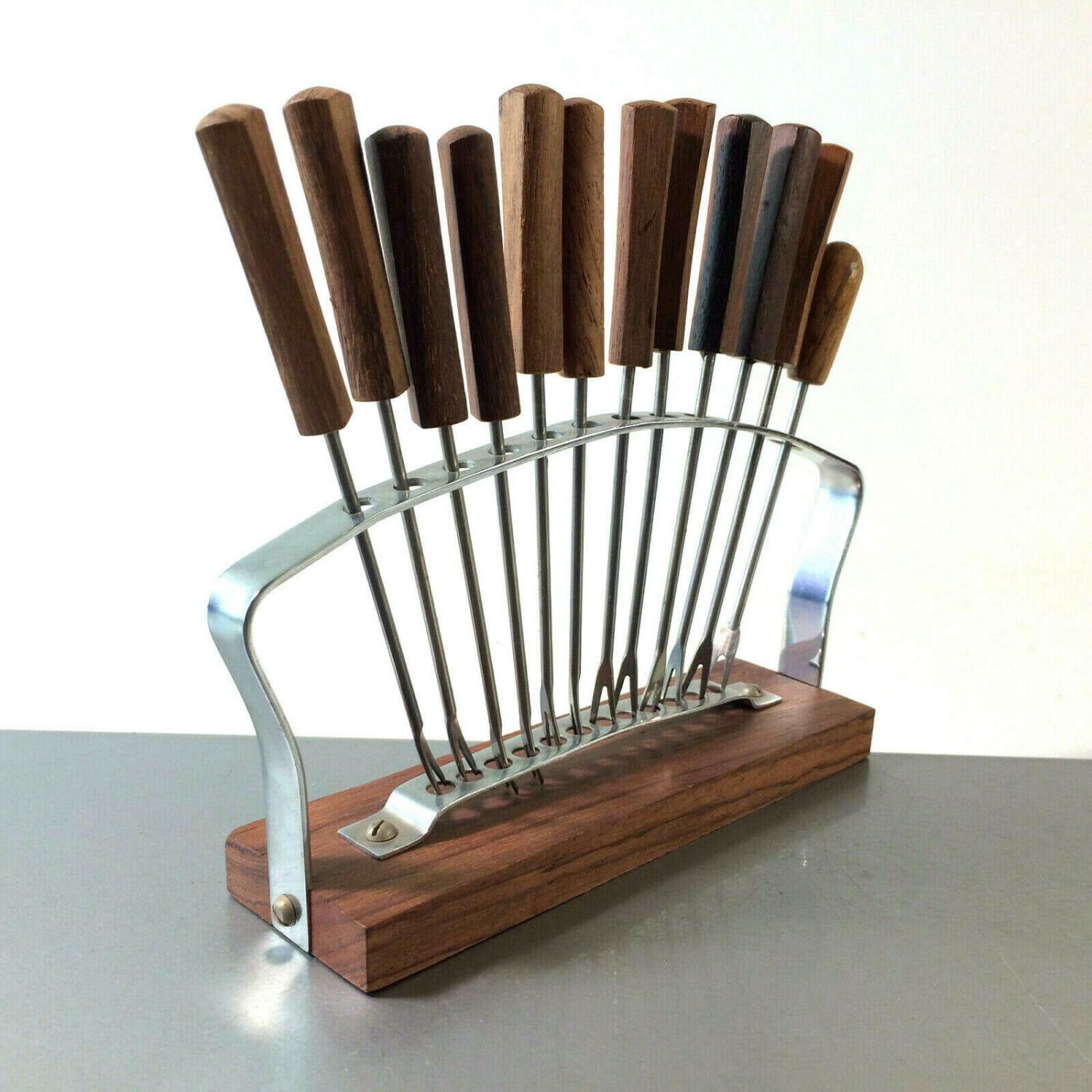 EDELSTAHL & Holz Teak MID Century Gabeln Picker Spieße Halter 