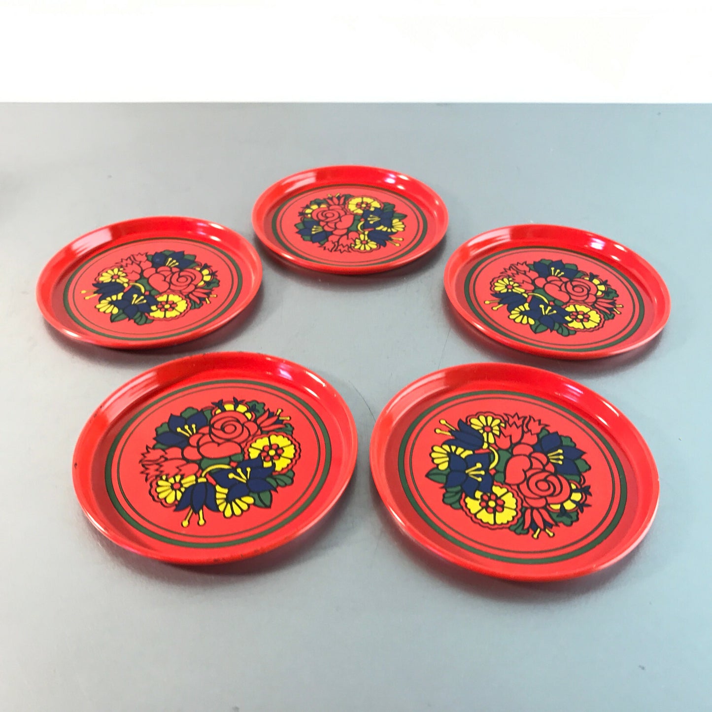 Untersetzer Metall 60er 70er 8,2 cm 5 er Set Vintage rot  Muster