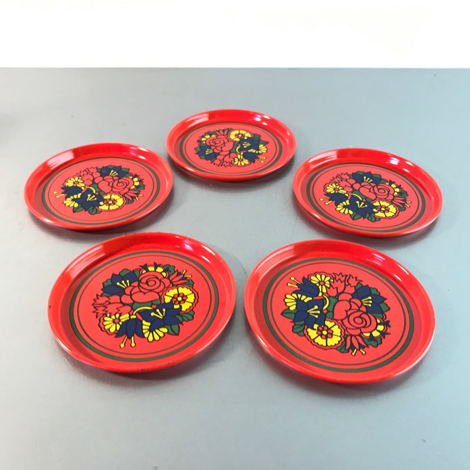 Untersetzer Metall 60er 70er 8,2 cm 5 er Set Vintage rot  Muster