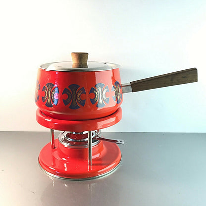 Vintage Fondue Fonduetopf Stövchen Rechaud Brenner Emaille MID CENTURY