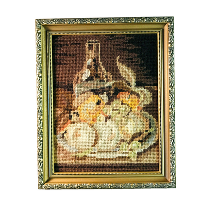 Vintage Stickbild Obstkorb Flasche Vase mit Goldrahmen 23 x 28 cm 70er